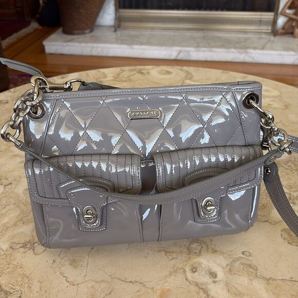 Coach Poppy Liquid Gloss Convertible Crossbody Bag Light Grey Patent Leather - Picture 6 of 16